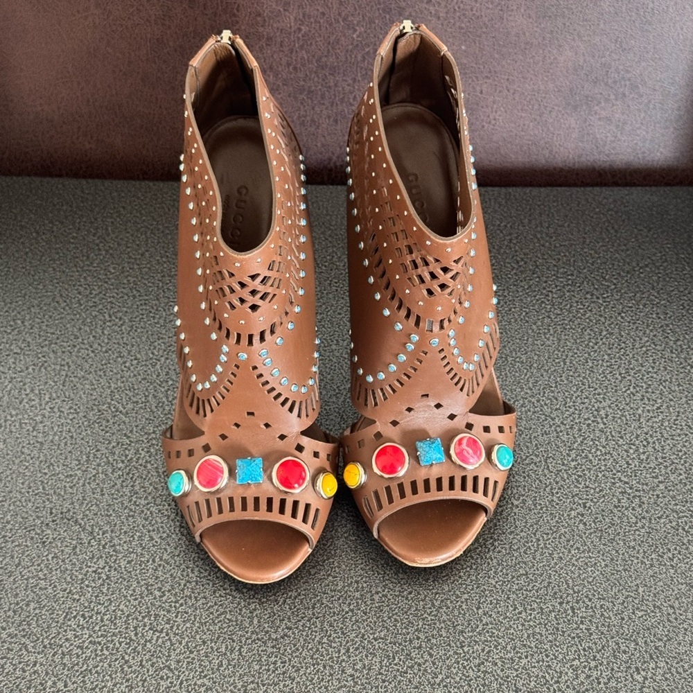 Gucci Brown Western Heeled Boots with Colorful Accents Perfect Size 8.5